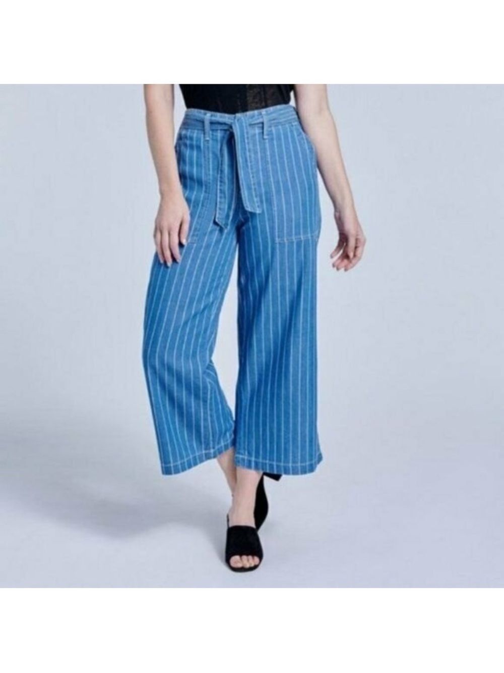 Seven7 Striped Wide Leg Cropped Pant Culottes Size 12 Blue White Coastal